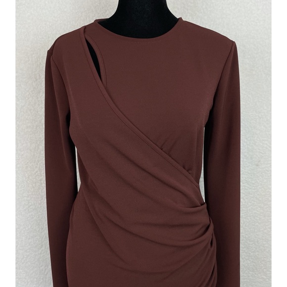 ZARA • Brown Keyhole Cutout Long Sleeve Bodycon Mini Dress - Picture 6 of 16